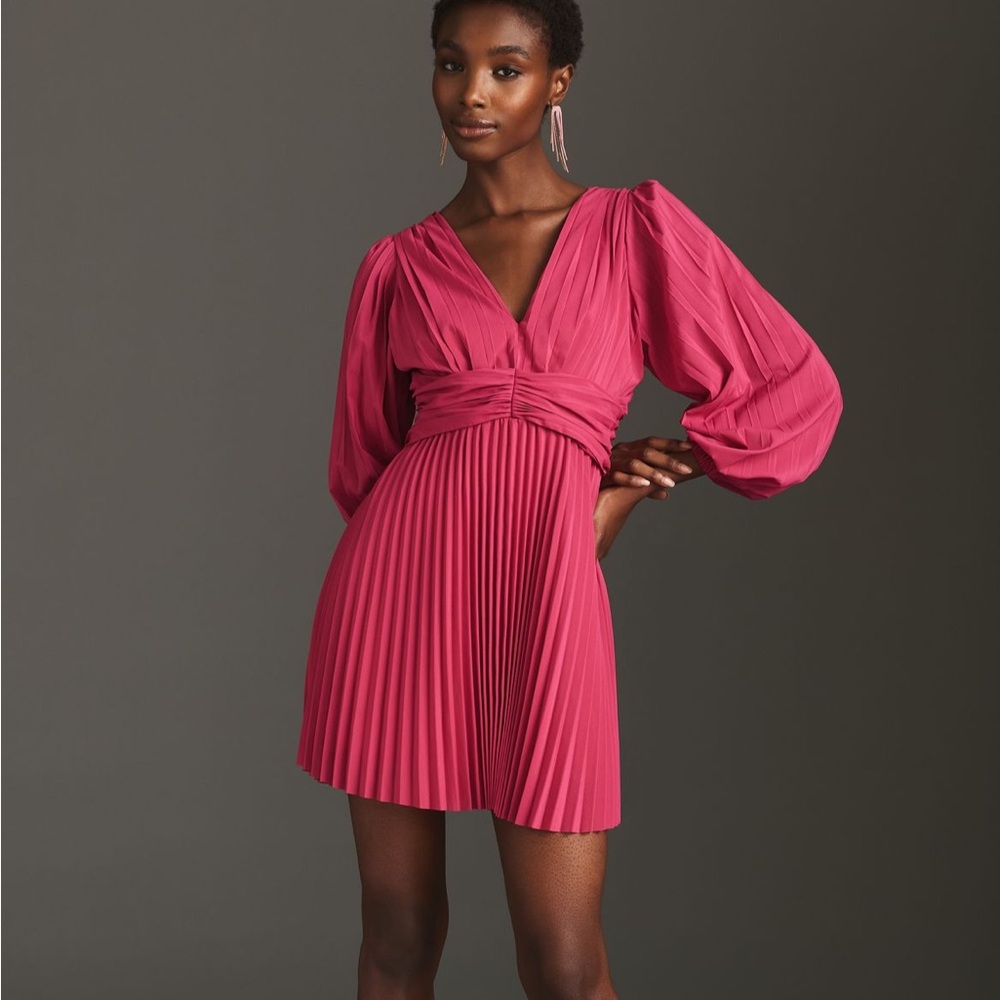 Anthropologie Aureta Pleated Long-Sleeve V-Neck Dress Small